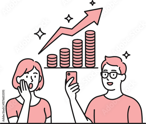 Investment growth chart illustration with surprised couple and man using phone for finance app