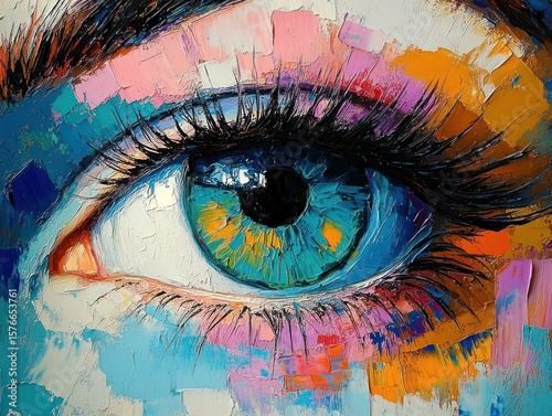 Close-up of a vibrant human eye with detailed blue and green iris surrounded by colorful abstract brush strokes and thick textured paint conveying intensity and curiosity
