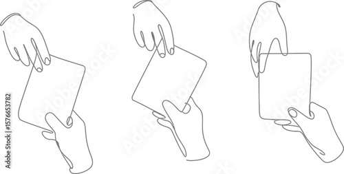 Continuous line drawing hands holding card vector illustration business presentation concept design 