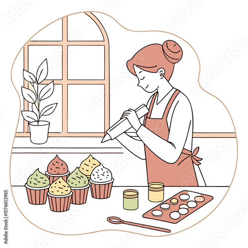 Woman decorating cupcakes with frosting in a kitchen setting near a window and a potted plant image
