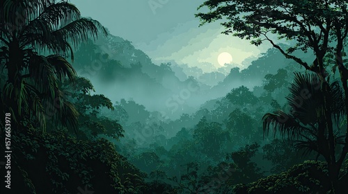 Fototapeta Naklejka Na Ścianę i Meble -  Serene moonlit jungle valley scene, misty, shrouded in greens, with silhouetted palm trees and foliage framing a tranquil, nocturnal vista