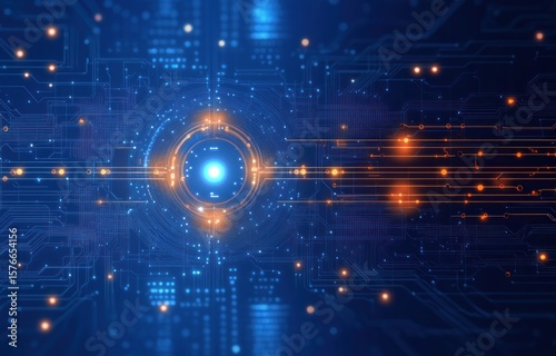 Futuristic digital circuit board with glowing blue and orange light nodes illustrating advanced technology and data flow