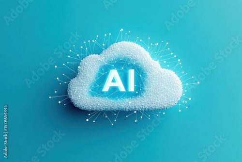 3D digital cloud made of connected white nodes and lines with glowing AI letters in the center on a blue background representing artificial intelligence and cloud computing