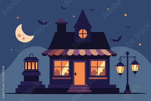  witch shop with floating lanterns shaped like ghot.eps