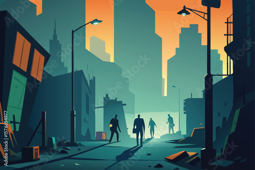 zombie filled city street scene with broken signs (1).eps