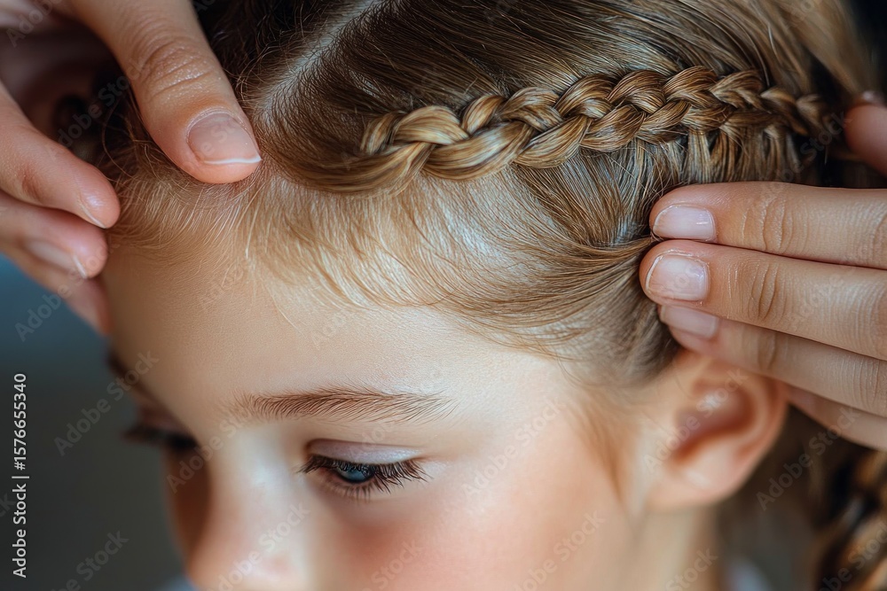 Obraz premium Close-up of hands braiding a young girl's blonde hair with delicate care and focus on the intricate hairstyle and smooth skin