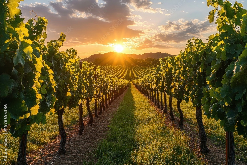 Fototapeta premium Sunset over a lush vineyard with green grapevines in neat rows and glowing golden light illuminating the landscape and cloudy sky