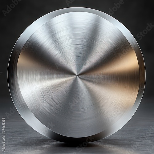 Close-up view of a smooth, polished circular metallic surface with concentric brushed metal texture reflecting soft light on a dark background