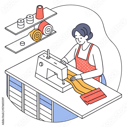 Woman with apron sewing yellow fabric at a sewing machine with spools of thread on a shelf above her