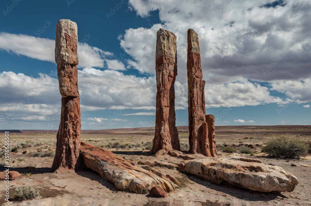 Photo of red rock formations rise in a desolate desert scene Photo of red rock formations rise in a desolate desert scene