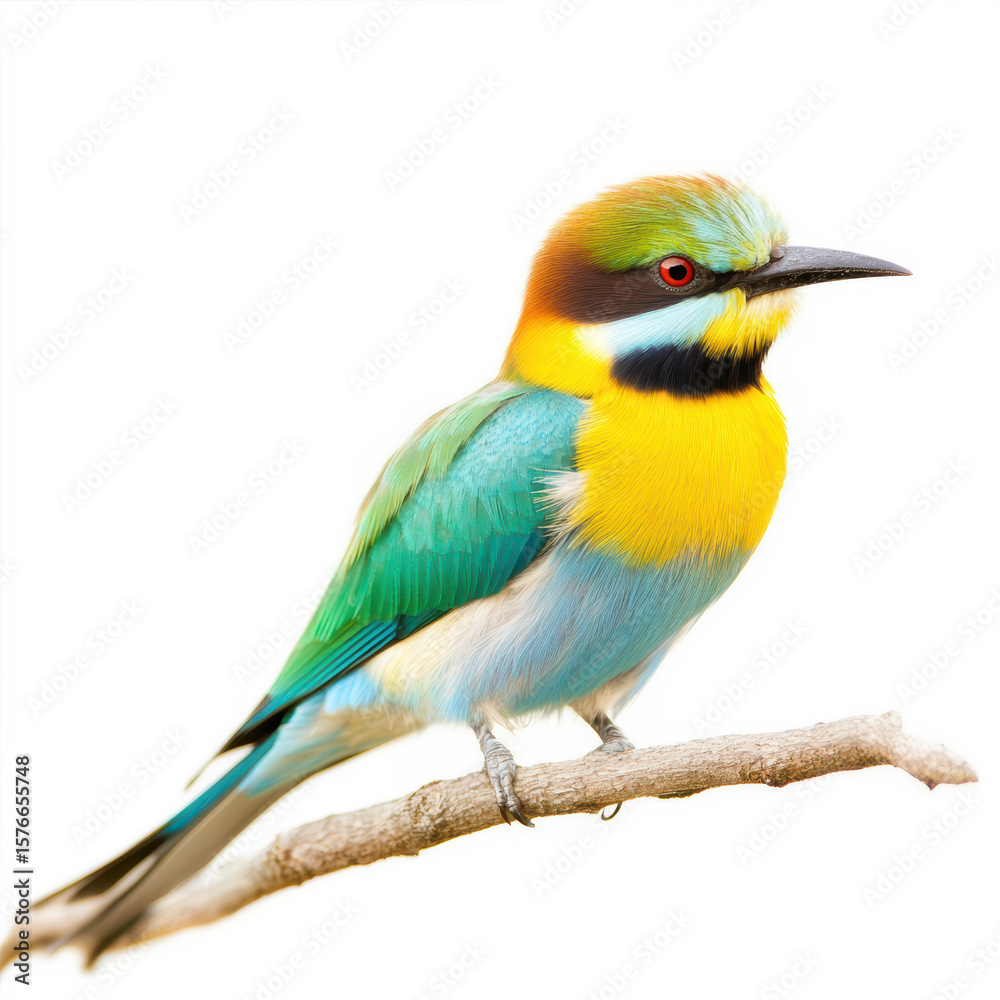 Fototapeta premium Colorful exotic bird with vivid blue, green, and yellow plumage perched on branch, bright natural wildlife background