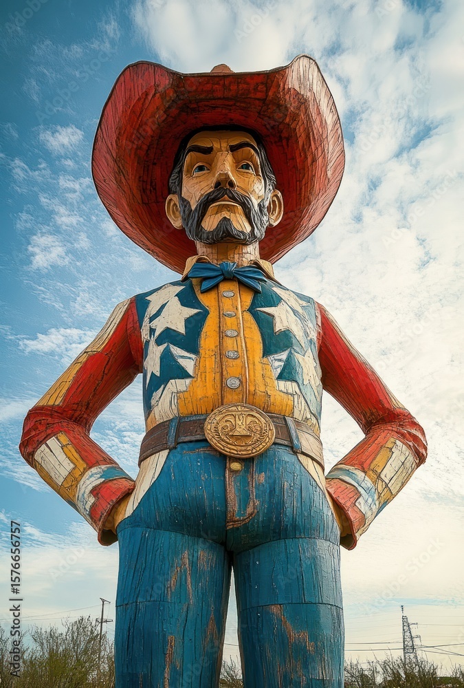 Obraz premium Giant colorful wooden cowboy statue standing with hands on hips under a partly cloudy sky exuding confidence and Americana vibe