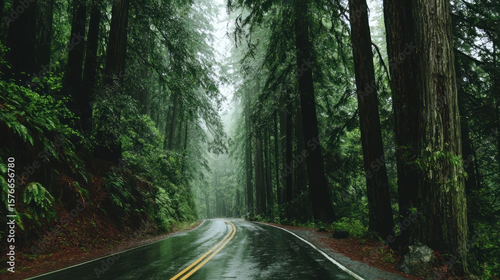 Obraz premium Lush forest road in rain