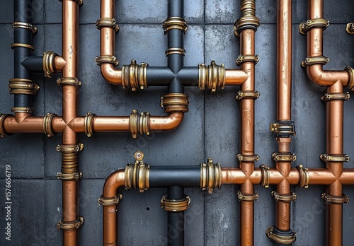 Intricate network of copper and black metal pipes connected with gold-colored fittings against a textured industrial wall, showcasing precision and mechanical order
