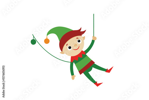 Christmas Elf On Garland Illustration Of Cute Christmas Character