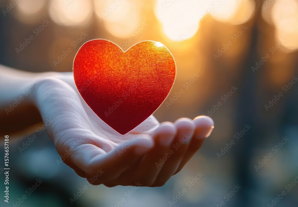 Obraz premium Hand gently holding a glowing red heart shape with warm sunlight in the background conveying care and affection