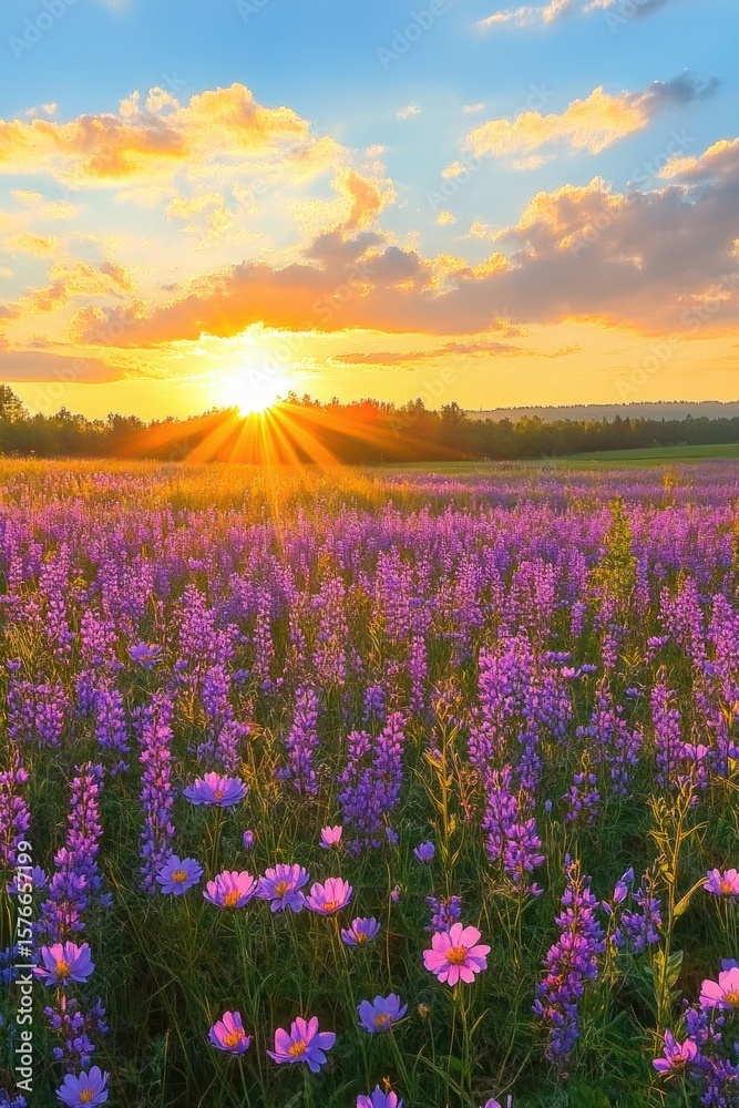 Fototapeta premium Bright golden sunset over a vibrant field of blooming purple flowers with a few pink flowers scattered and a partly cloudy sky creating a peaceful and warm atmosphere