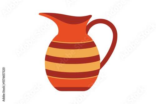 Traditional Clay Pitcher With Stripe Design On White