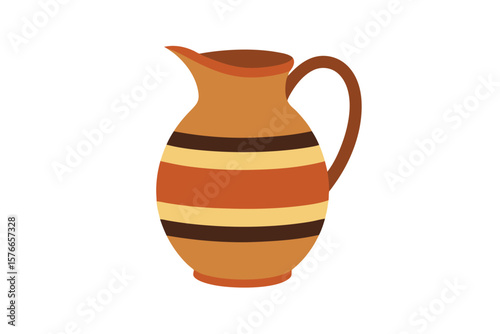 Traditional Clay Pitcher With Stripe Design On White