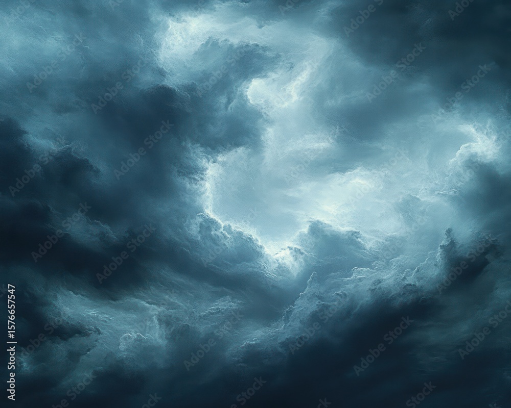 Obraz premium Dramatic dark storm clouds with a bright central opening illuminating textured turbulent sky
