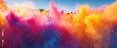 Vibrant explosion of colorful powder clouds in orange, pink, purple, and yellow against a clear blue sky, capturing dynamic motion and energy
