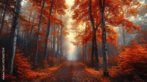 A serene forest pathway surrounded by tall trees with vibrant orange and red autumn leaves under soft morning fog and gentle sunlight