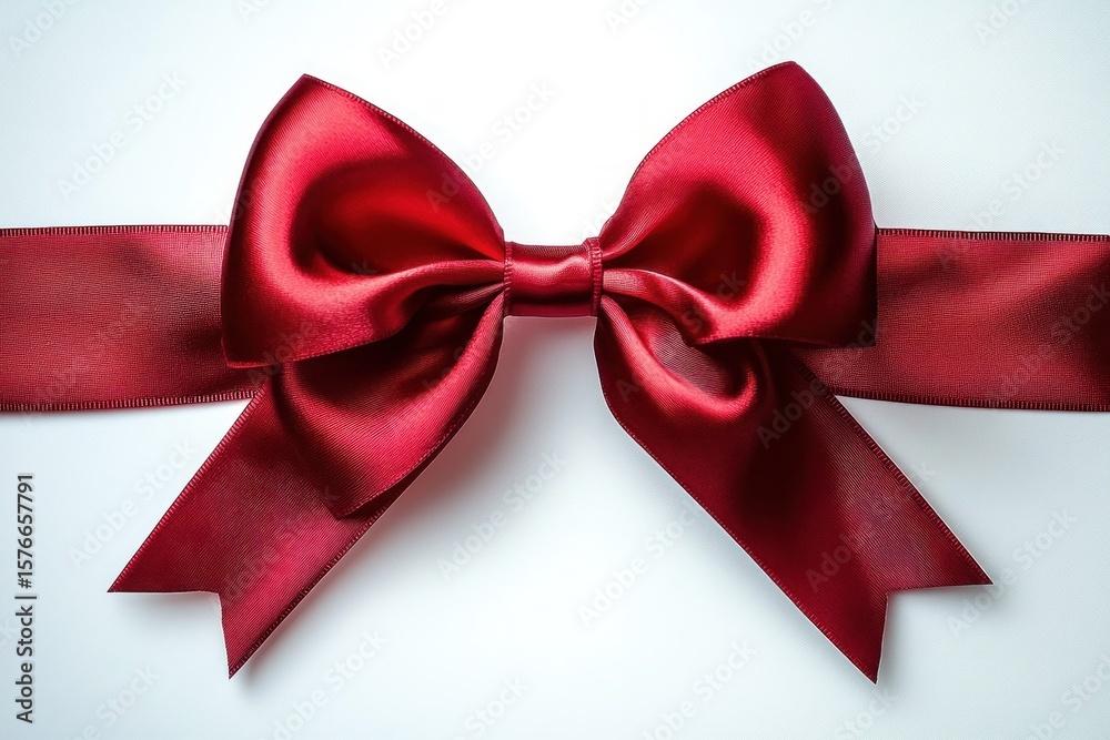 Fototapeta premium Elegant shiny red satin ribbon bow tied neatly with soft reflections on smooth fabric against a white background
