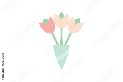 Simple Pastel Tulip Bouquet In Kawaii Style On White