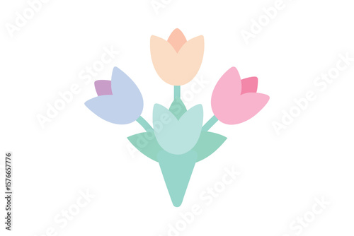 Simple Pastel Tulip Bouquet In Kawaii Style On White