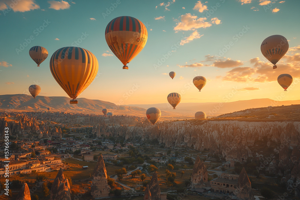 Fototapeta premium Enchanting Hot Air Balloon Journey Over the Rugged Terrain of Cappadocia