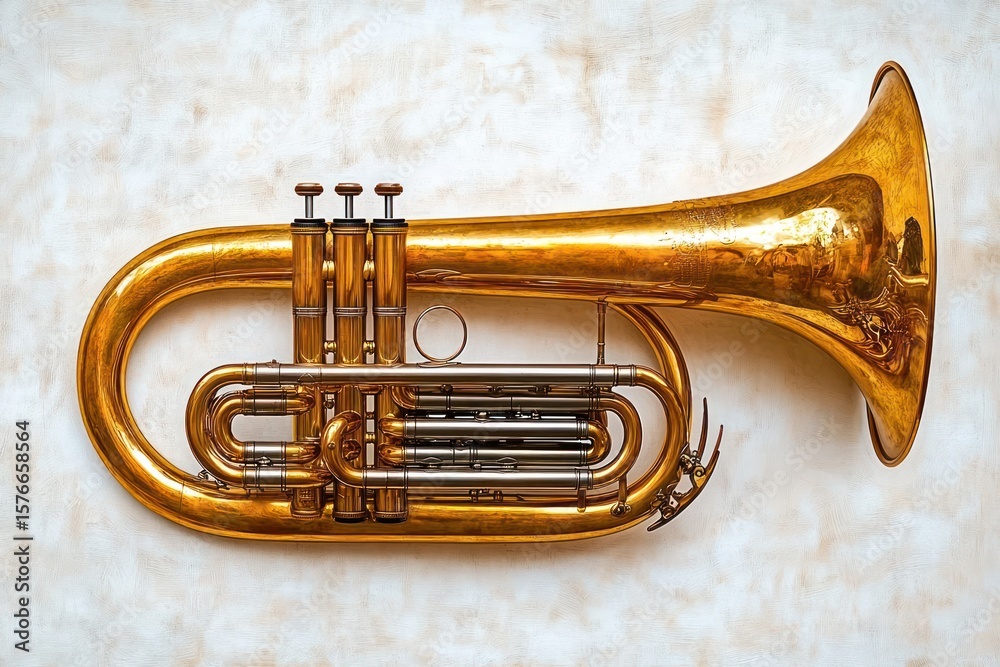 Obraz premium Shiny brass euphonium musical instrument with intricate valves and tubing on textured light background