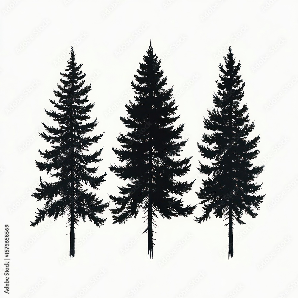 Obraz premium Three tall evergreen pine trees with full branches standing side by side on a plain white background