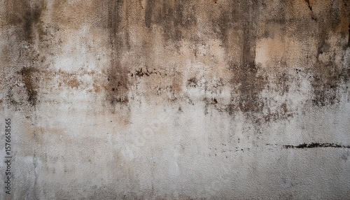 a weathered and stained concrete wall displaying a distressed texture the surface is predominantly light gray with significant dark brown and black streaks represents distressed textures
