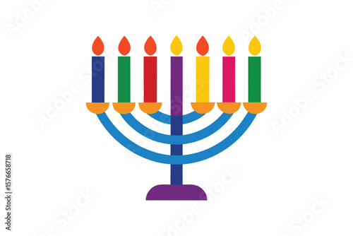 Multicolored Hanukkah Menorah With Candles   On White Background