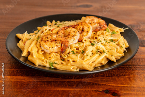 Penne pasta with grilled shrimp