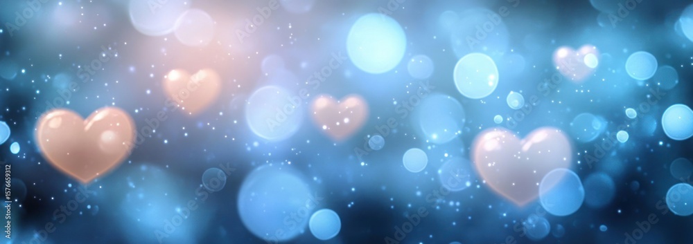 Obraz premium Soft glowing pink heart shapes floating among blue bokeh light orbs with a dreamy and magical atmosphere
