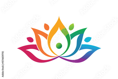 Gradient Rainbow Lotus Symbol With Green Leaf Swirls