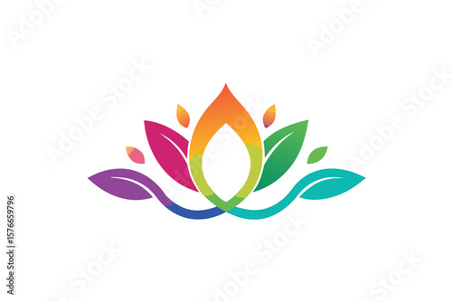 Gradient Rainbow Lotus Symbol With Green Leaf Swirls