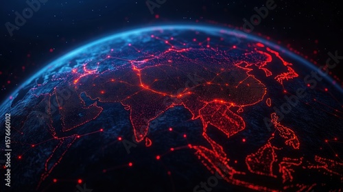Glowing network of red lights mapping connections across a dark, illuminated globe focusing on Asia and surrounding regions under a blue atmospheric glow