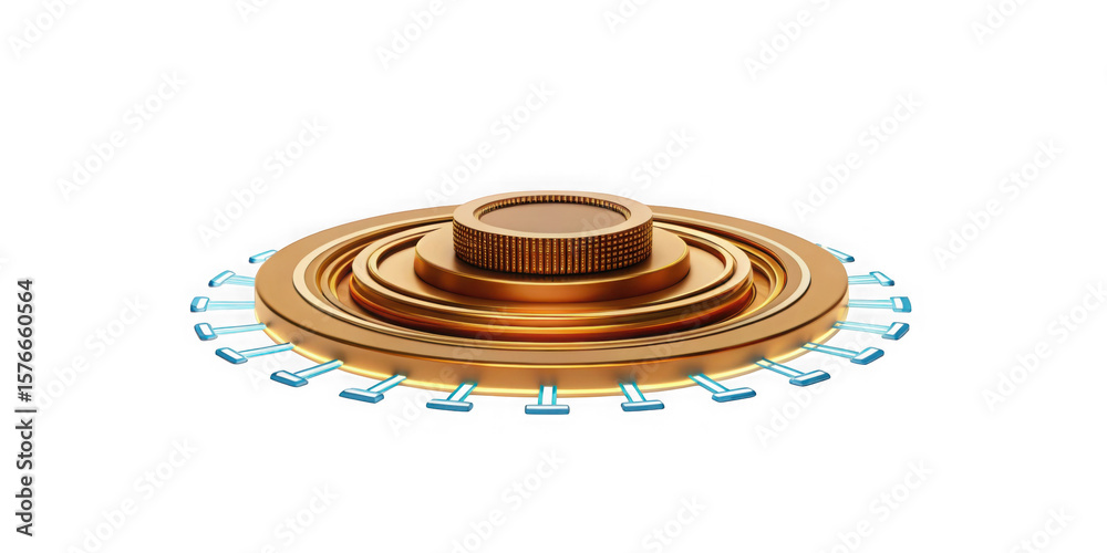 Fototapeta premium Futuristic golden circular platform with glowing blue connectors isolated on transparent background