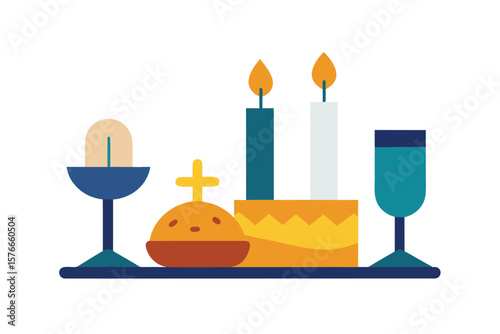 Decorative Flat Shabbat Set Bread Wine Candles On Table