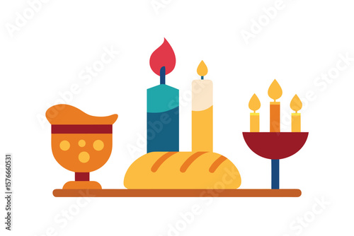 Decorative Flat Shabbat Set Bread Wine Candles On Table