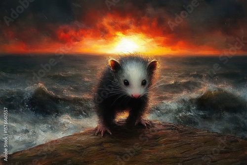 A small opossum standing on a rock by rough ocean waves during a dramatic fiery sunset, evoking a sense of solitude and resilience