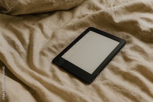 Blank e-reader lying on beige bed linens, cozy and minimalist atmosphere. Perfect for lifestyle visuals, product mockups, or digital reading promotions.