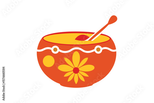 Decorated Honey Bowl With Curved Spoon On White Background