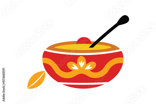 Decorated Honey Bowl With Curved Spoon On White Background