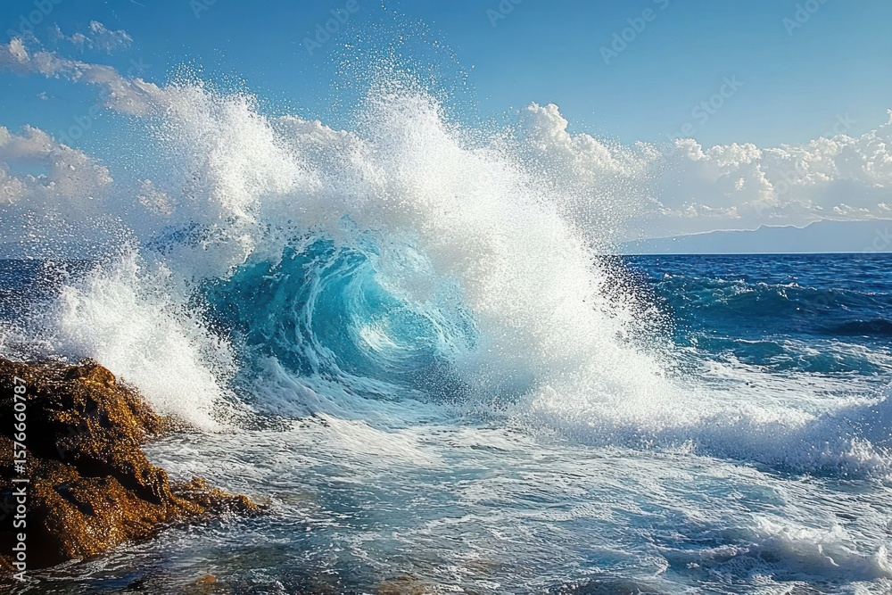 Obraz premium Powerful ocean wave crashing against rocky shore with bright blue sky and scattered clouds in the background