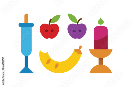 Cute Cartoon Icons Of Torah Menorah Shofar Gragger