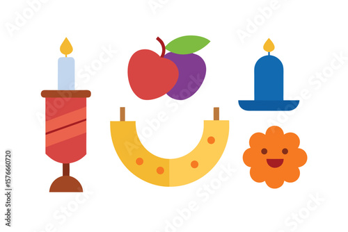 Cute Cartoon Icons Of Torah Menorah Shofar Gragger