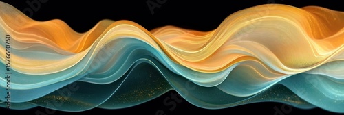 Flowing abstract waves with smooth curves in warm gold and cool teal colors floating over a dark background with tiny scattered golden specks, evoking calm and fluidity
